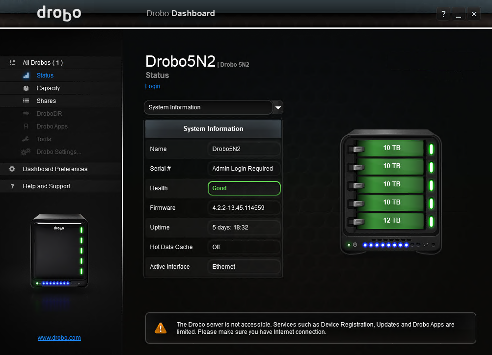 Drobo 5N2 Dashboard showing system information and drive bay status with five green drives