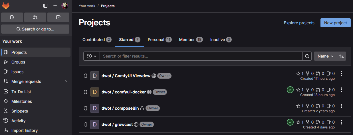 GitLab projects page showing starred repositories including ComfyUI Viewdew, comfyui-docker, composeBin, and growcast