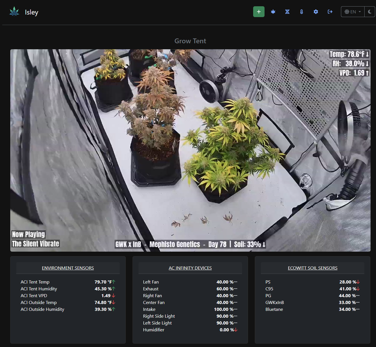 Isley dashboard showing a live webcam view of the grow tent with environment sensors, AC Infinity device controls, and Ecowitt soil sensor readings