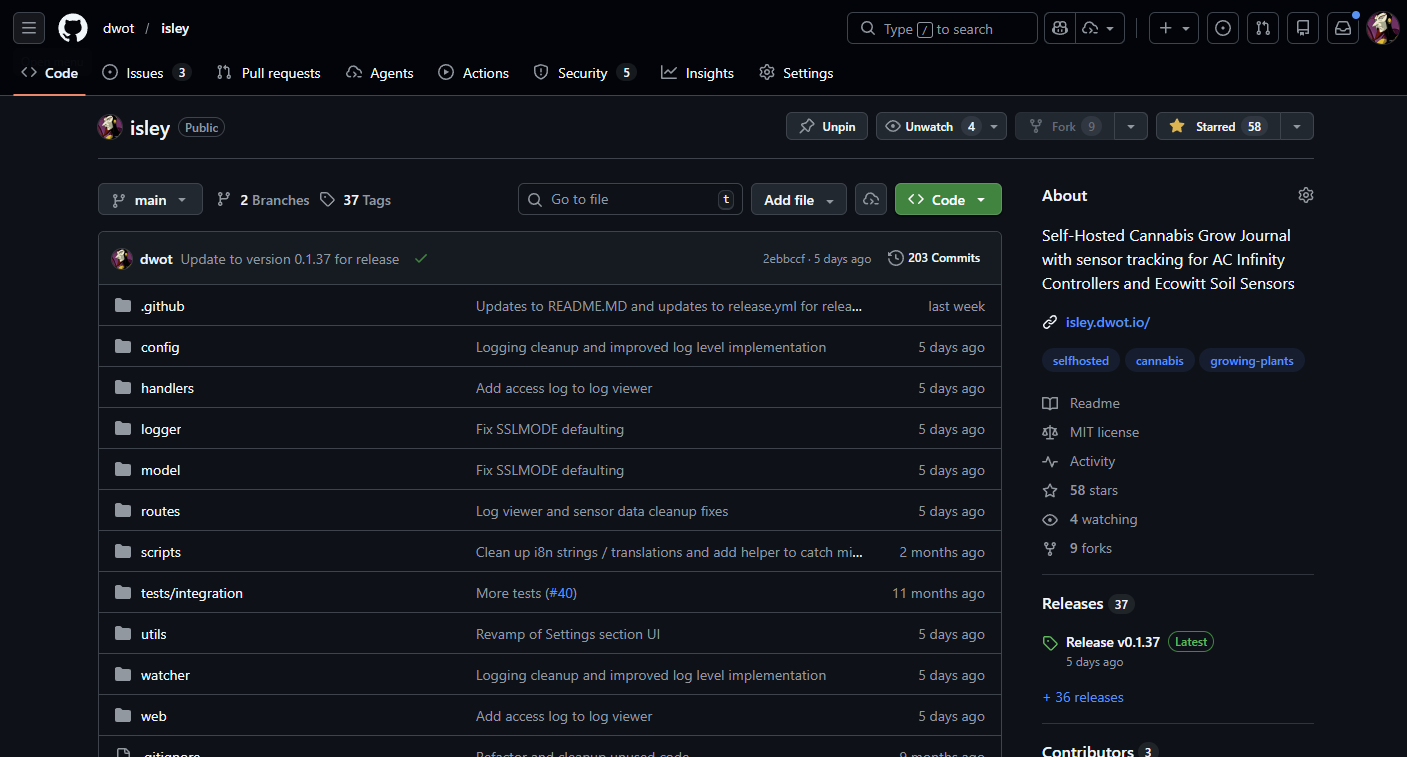 Isley GitHub repository showing 203 commits, 58 stars, and 9 forks