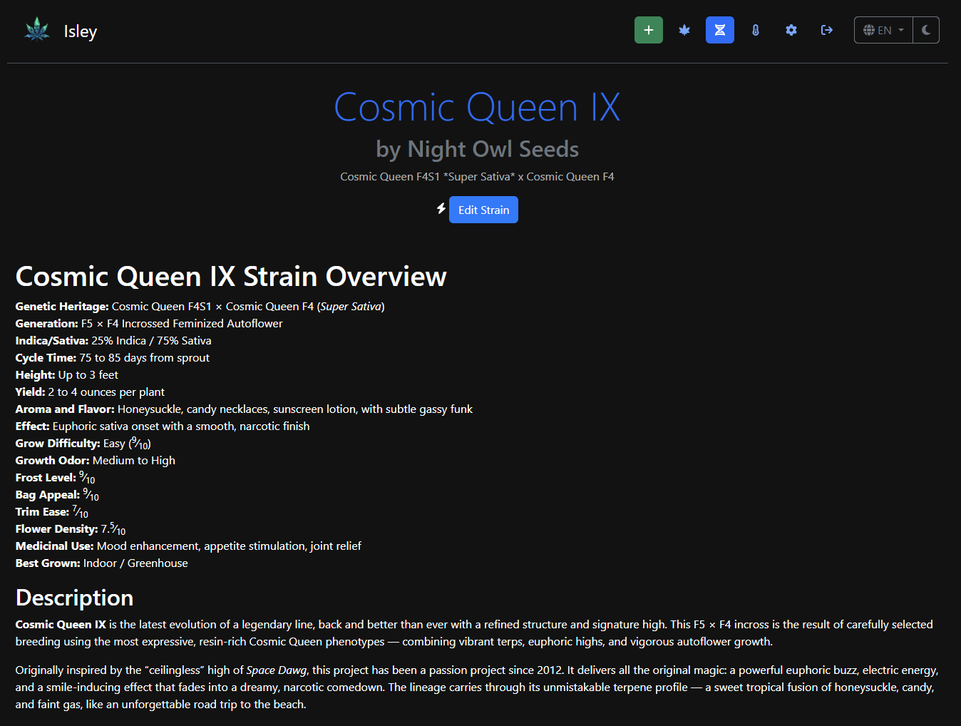 Isley strain detail page for Cosmic Queen IX by Night Owl Seeds showing genetics, grow characteristics, yield expectations, and terpene profile