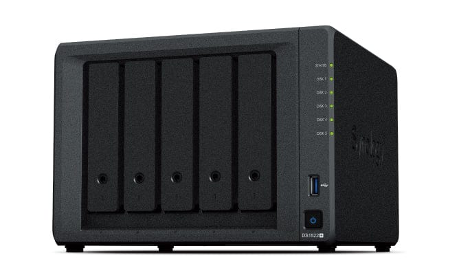 Synology DS1522+ NAS unit, a black five-bay desktop enclosure
