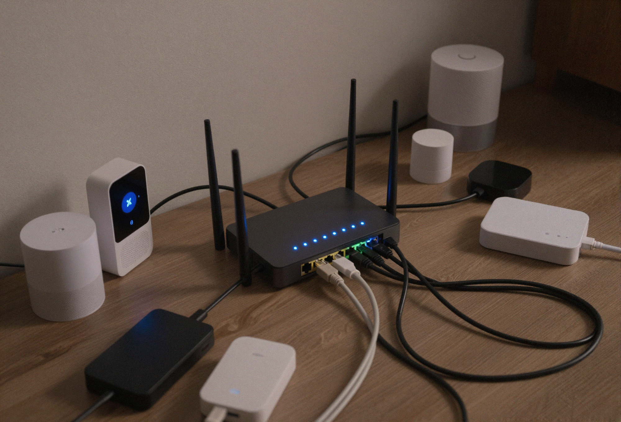 A chaotic home network setup with cables running in every direction and too many devices