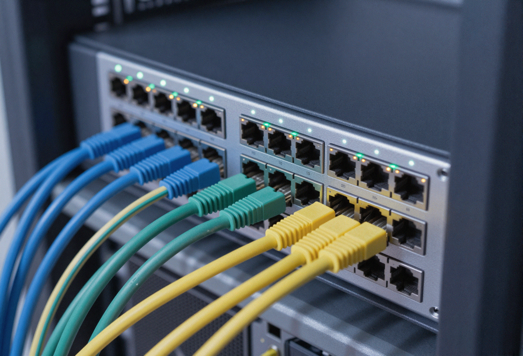 A managed network switch with neatly organized color-coded patch cables and steady status LEDs