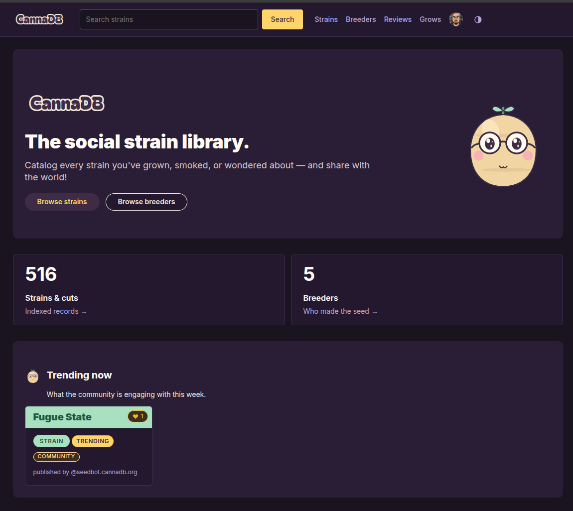 The CannaDB homepage: a dark purple UI with the tagline 'The social strain library', counts of 516 indexed strains and 5 breeders, and a 'Trending now' panel.