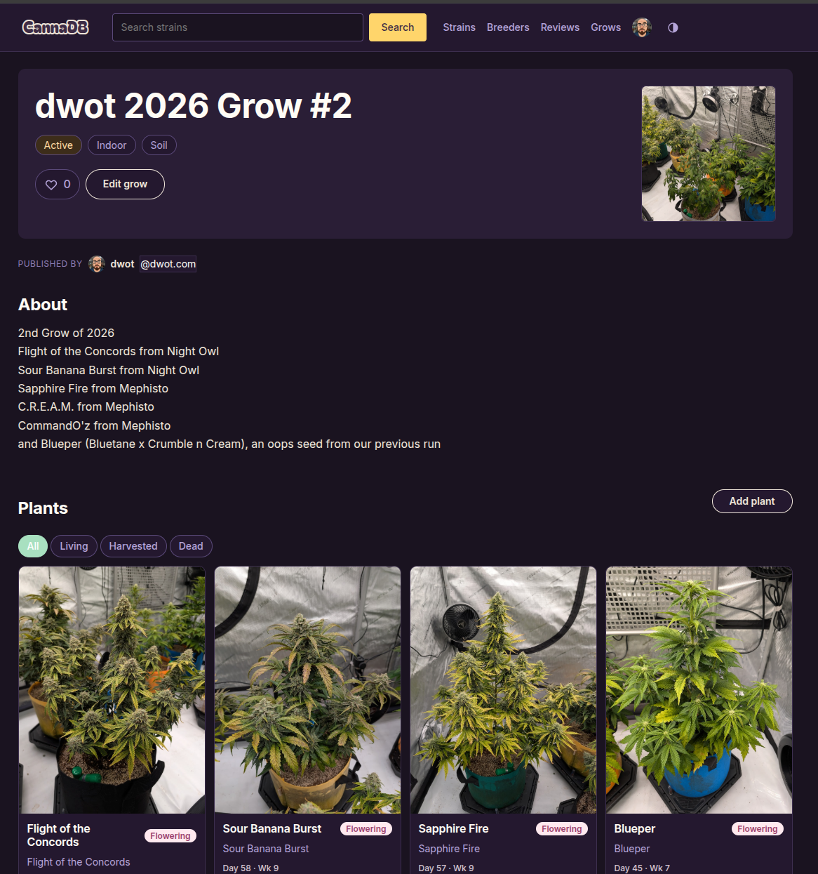 A CannaDB grow page titled 'dwot 2026 Grow #2' with Active/Indoor/Soil badges, a description listing the strains in the run, and a grid of plant cards each showing a photo, strain name, and day count.