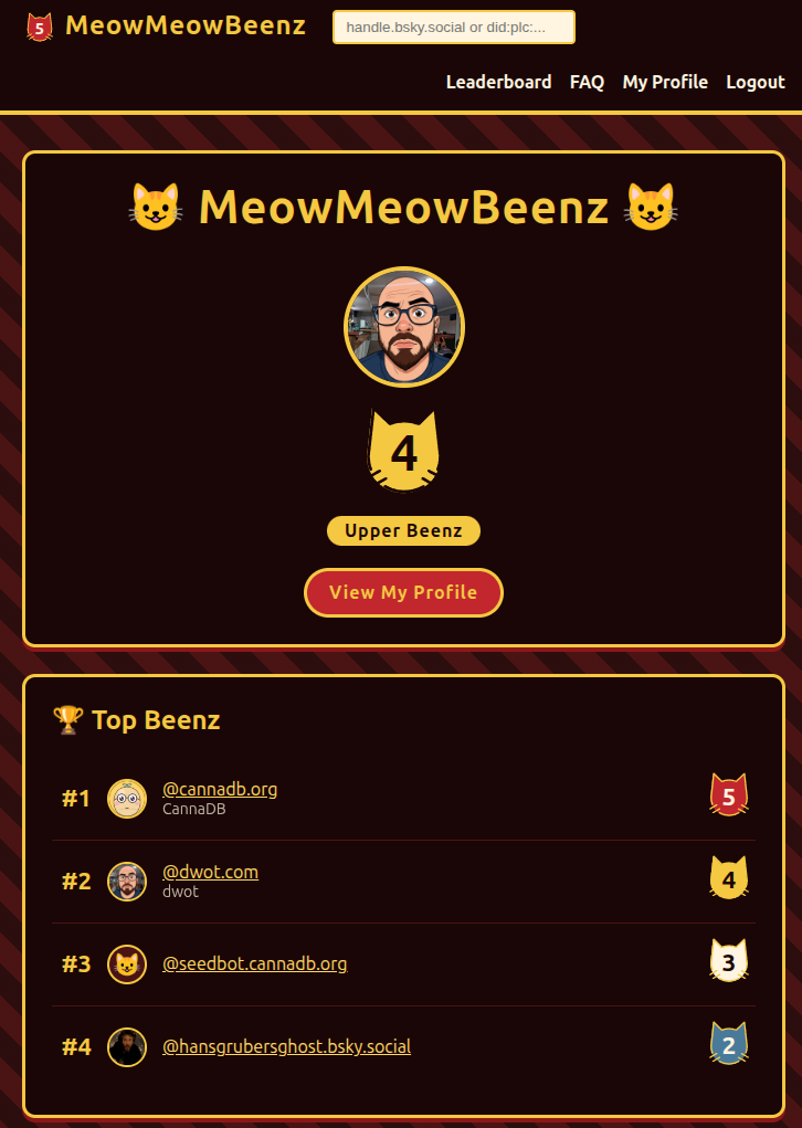 The MeowMeowBeenz home page showing the user's current rating of 4, the Upper Beenz tier, and a Top Beenz leaderboard