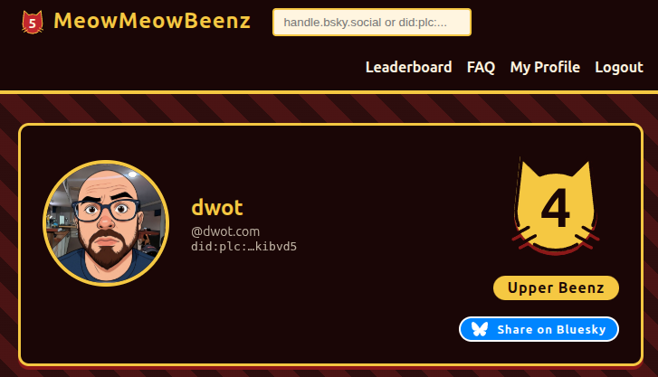 A MeowMeowBeenz profile page showing the user dwot, their handle and DID, a rating of 4, the Upper Beenz tier, and a Share on Bluesky button