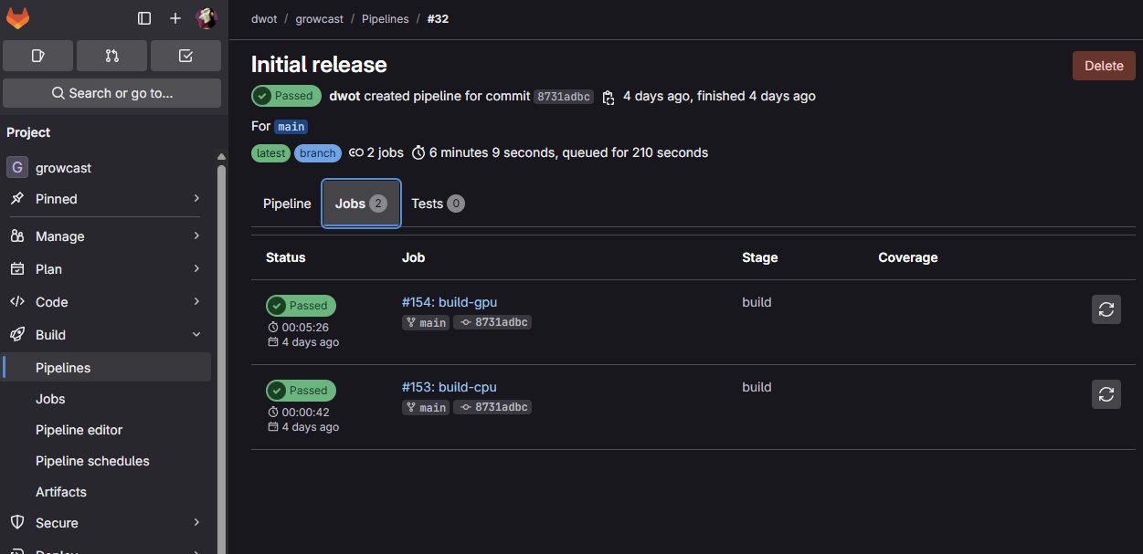 A passed GitLab pipeline for the Initial release commit with two jobs, build-gpu taking five and a half minutes and build-cpu taking forty-two seconds