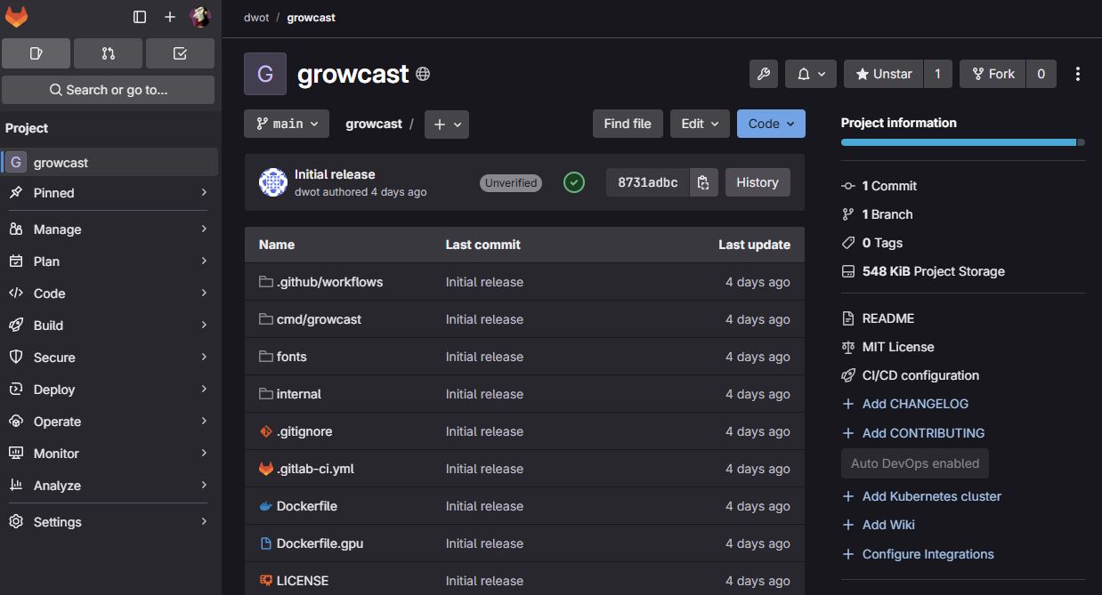 The growcast project page in GitLab showing the file listing with Dockerfile, Dockerfile.gpu, and .gitlab-ci.yml, plus an MIT license and CI/CD configuration