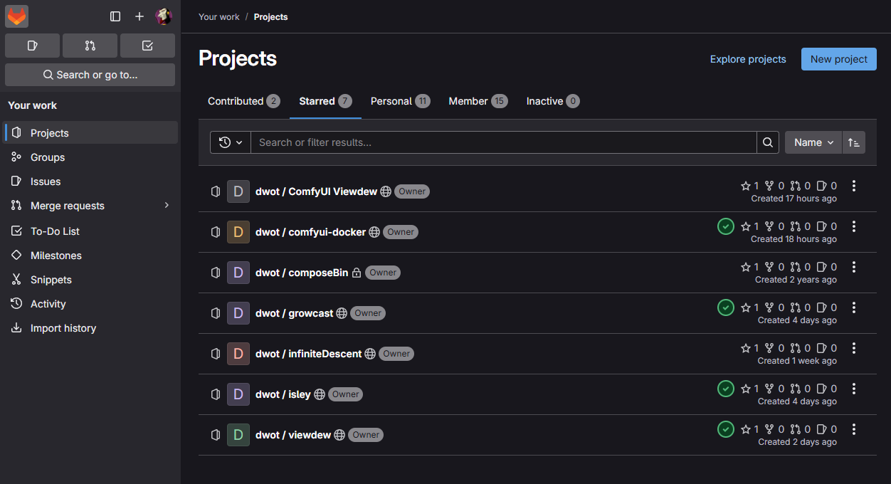 GitLab projects list showing several dwot-owned repositories including growcast, isley, comfyui-docker, and viewdew