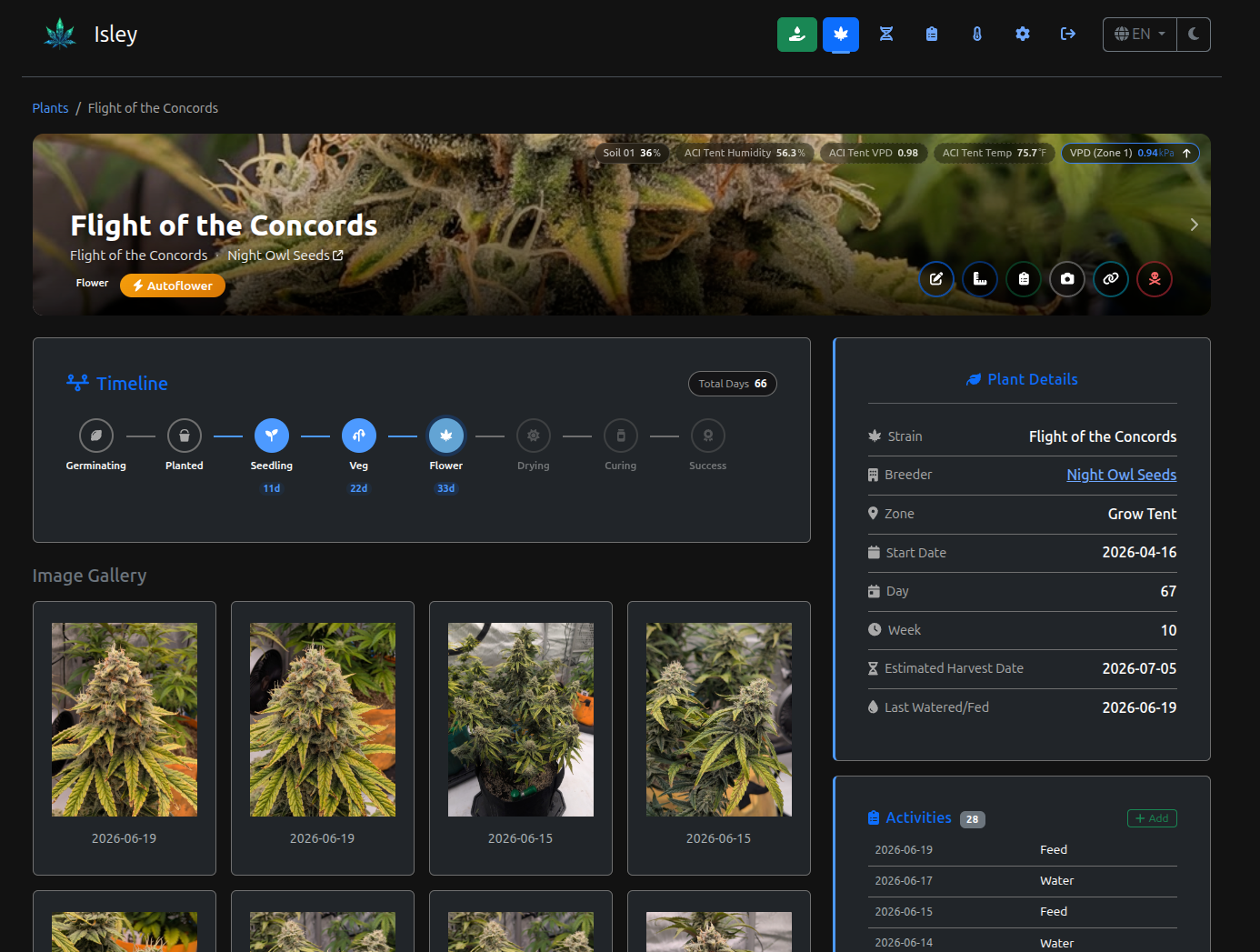 An individual plant page in Isley showing a growth-stage timeline, photo gallery, plant details panel, and activity log