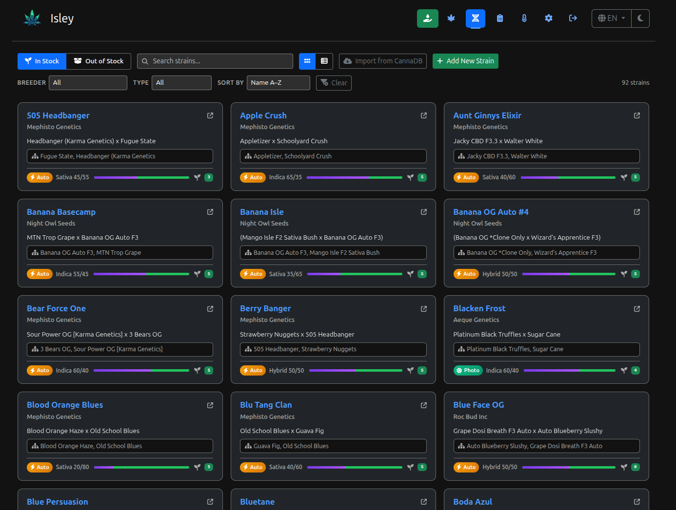 The Isley strain library showing a grid of strain cards with breeder, type, and stock status, plus search and filter controls