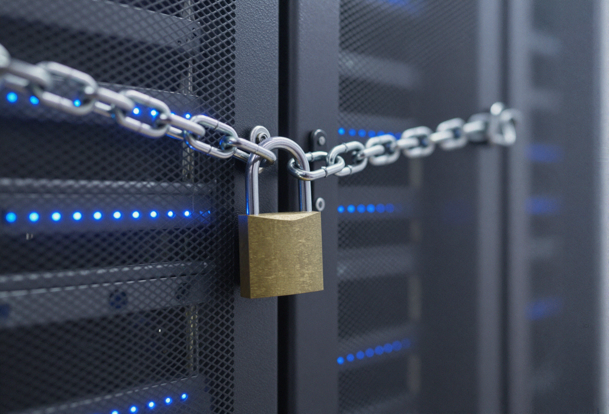 A padlock and chain securing a rack of servers with blue indicator LEDs