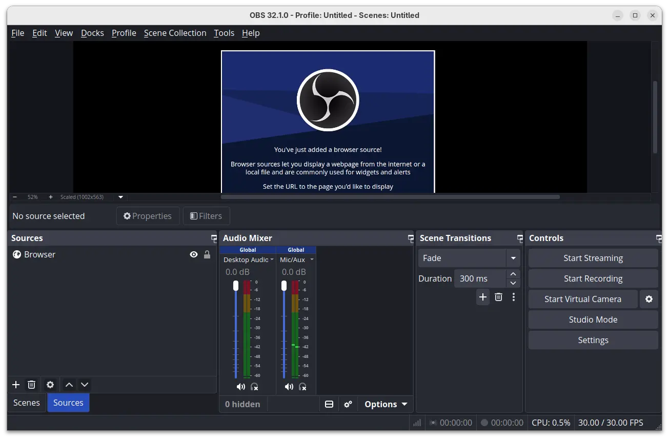 The OBS Studio interface showing a browser source, audio mixer, scene transitions, and stream controls
