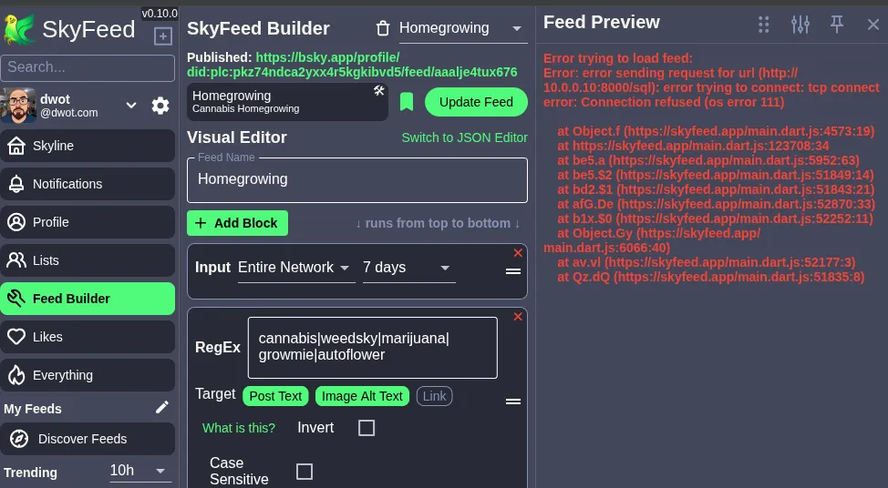 The SkyFeed builder UI showing the Homegrowing feed with a red error in the preview pane: connection refused to the internal query-engine backend