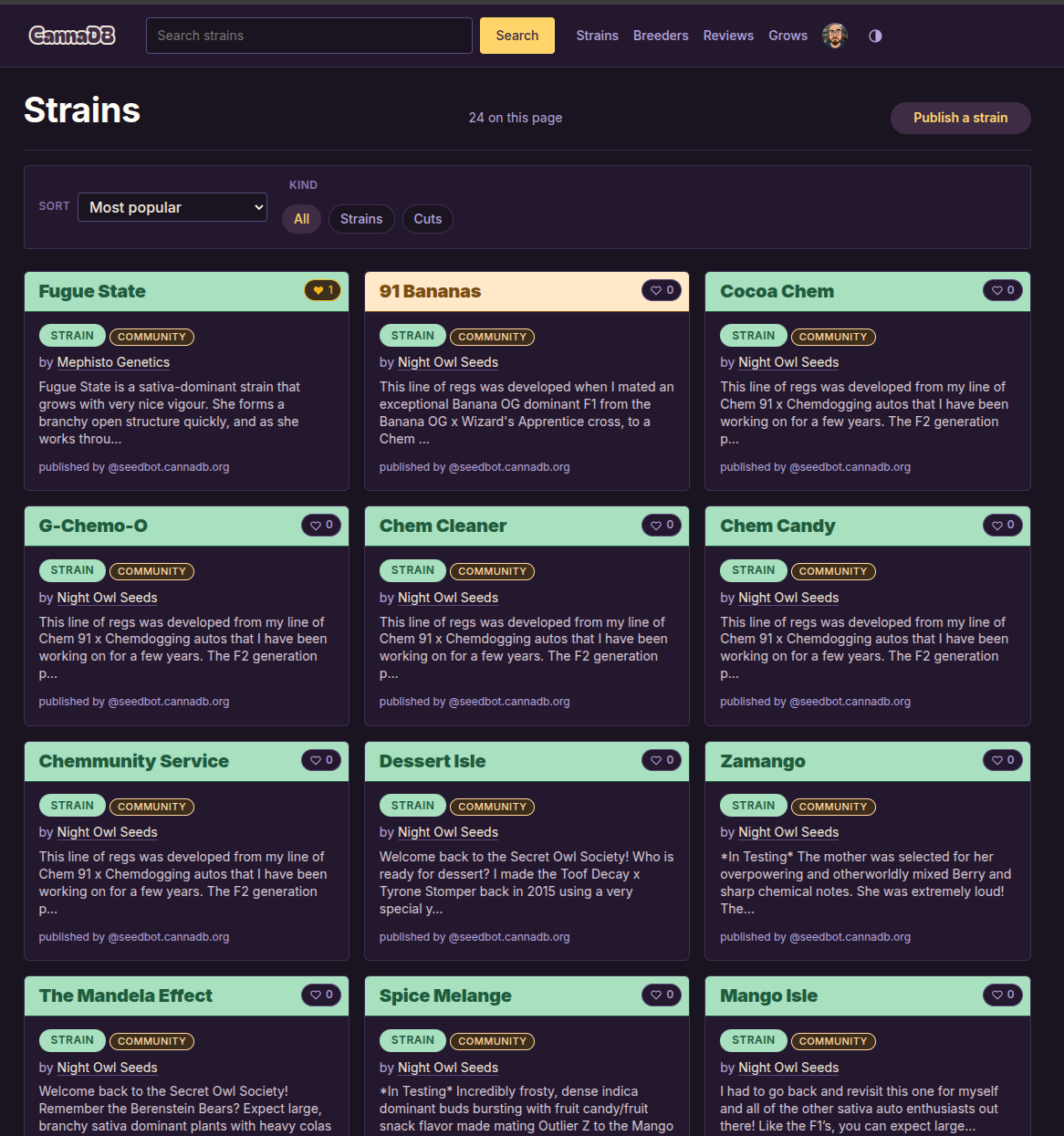 The CannaDB strains browse page showing a grid of strain cards, each tagged with badges and a short description, with sort controls at the top.