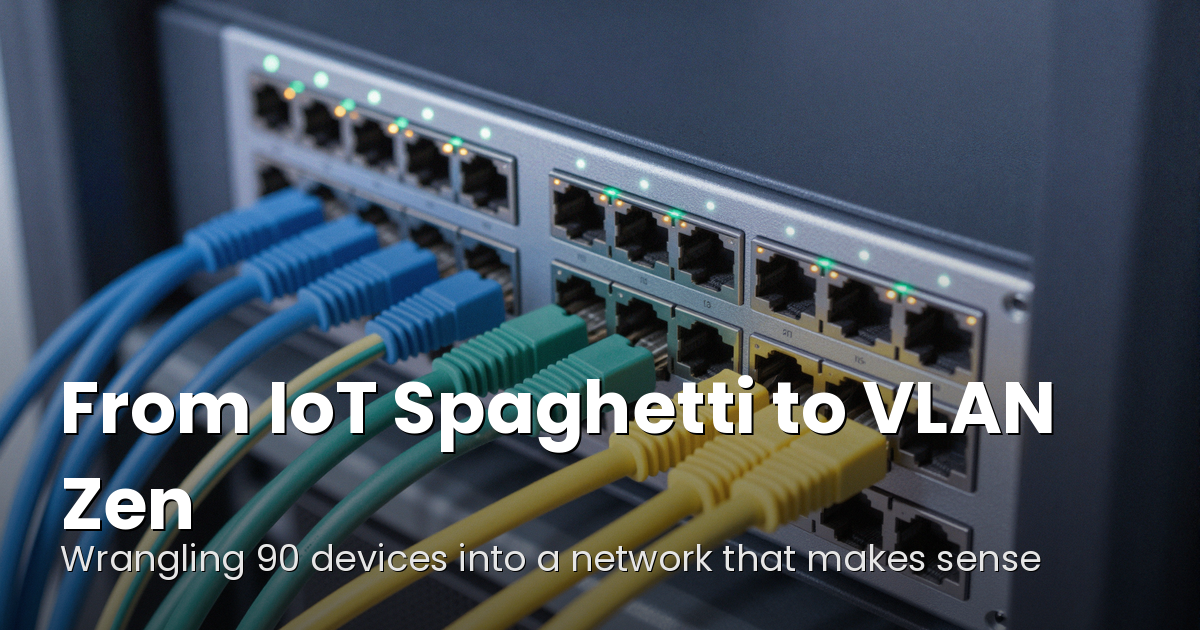 Blog title card: From IoT Spaghetti to VLAN Zen — a managed network switch with organized color-coded ethernet cables