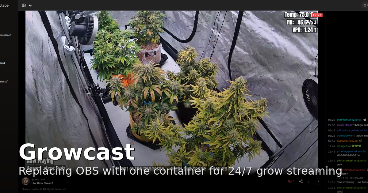 The live Growcast grow-tent stream on Streamplace, titled Growcast: Replacing OBS with one container for 24/7 grow streaming
